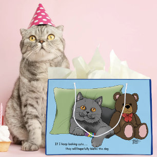 Schattige Grijze Kat Teddybeer Grappige Blauwe Groot Cadeauzakje