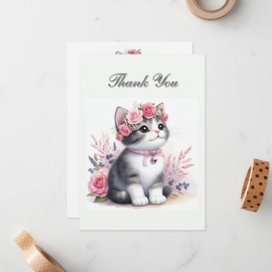 Schattige Grijze Kitten Meisjes Verjaardag Bedankt Notitiekaartje (Voorkant / Achterkant in situ)