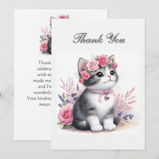 Schattige Grijze Kitten Meisjes Verjaardag Bedankt Notitiekaartje (Voorkant / Achterkant)