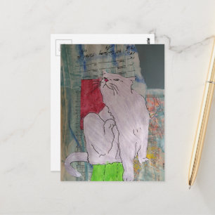 Schattige grijze kitty mixed media collage briefkaart