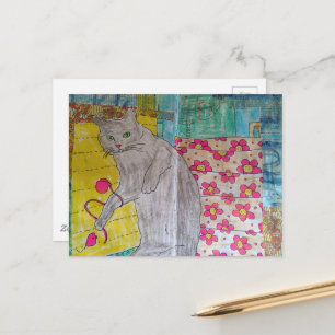 Schattige grijze kitty mixed media collage briefkaart
