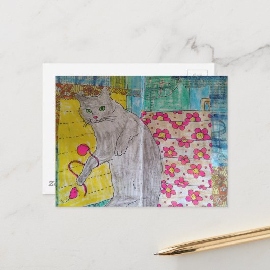 Schattige grijze kitty mixed media collage briefkaart (Voorkant / Achterkant in situ)