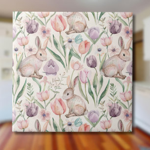 Schattige Grijze Konijn met Kleurrijke Tulpen Tegeltje