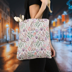 Schattige Grijze Konijn met Kleurrijke Tulpen Tote Bag