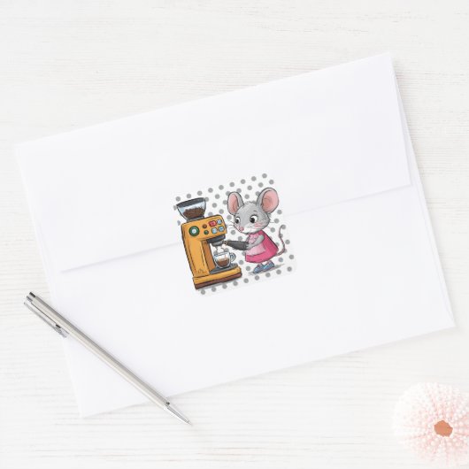 Schattige Grijze Muis Koffie Maken Vierkante Sticker (Envelop)