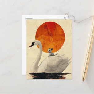 Schattige grijze muis rijdt op een zwaan briefkaart