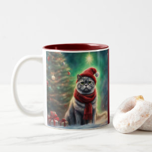 schattige grijze tabby kat in een kerstmuts Kerstm Tweekleurige Koffiemok