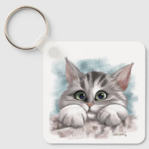 Schattige Grijze Tabby Poes Cartoon Sleutelhanger