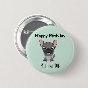 Schattige grijze verjaardag met naam pug hond blau ronde button 5,7 cm