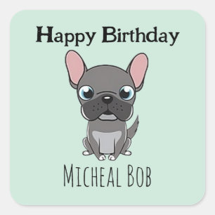 Schattige grijze verjaardag met naam pug hond blau vierkante sticker