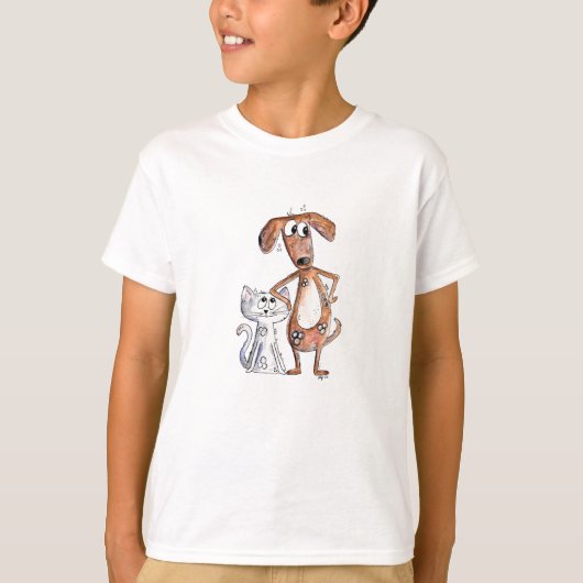 Schattige Griljige Bruine Hond en Grijze Kat T-shirt (Voorkant)