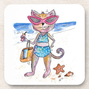 Schattige Grille Kat op het Strand Bier Onderzetter