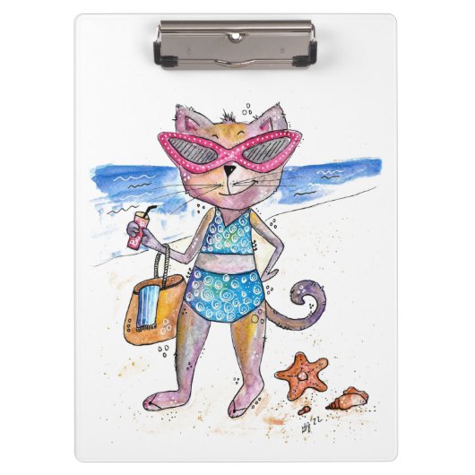 Schattige Grille Kat op het Strand Klembord (Voorkant)