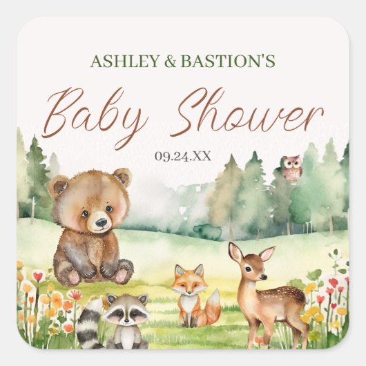 Schattige grillig neutraal bos Dier Baby shower Vierkante Sticker (Voorkant)