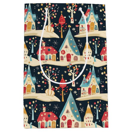 Schattige grillig plezier & feestelijk kerstdorp medium cadeauzakje (Voorkant)