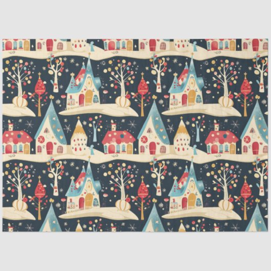 Schattige grillig plezier & feestelijk kerstdorp tissuepapier (Voorkant)