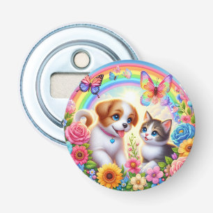 Schattige/grillig puppy/kitten regenboog button flesopener