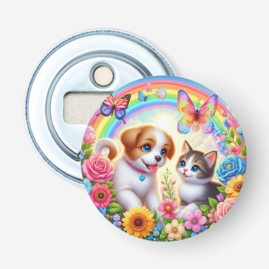 Schattige/grillig puppy/kitten regenboog button flesopener (Voorkant)