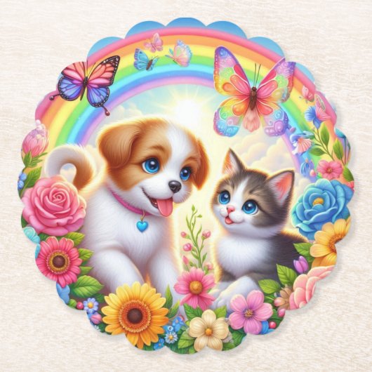 Schattige/grillig puppy/kitten regenboog kartonnen onderzetters (Voorkant)