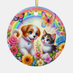 Schattige/grillig puppy/kitten regenboog keramisch ornament