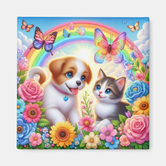 Schattige/grillig puppy/kitten regenboog magneet (Voorkant)