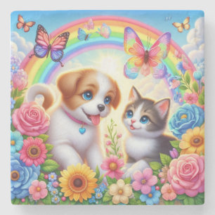 Schattige/grillig puppy/kitten regenboog stenen onderzetter