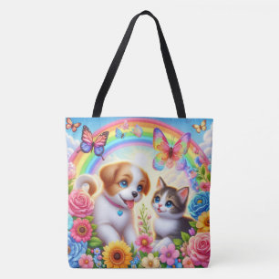Schattige/grillig puppy/kitten regenboog tote bag