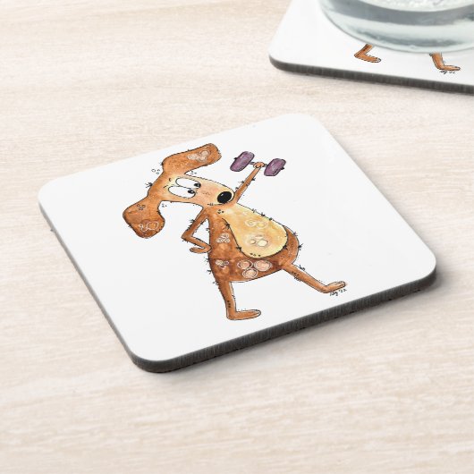 Schattige grillige bruine hond die gewichten heft bier onderzetter (Linkerzijde)