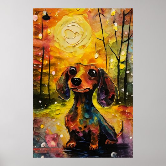 Schattige grillige Dachshund Puppy in het bos Poster (Voorkant)