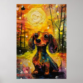 Schattige grillige dashond puppy in het bos poster