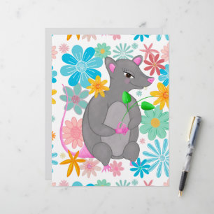 Schattige grillige grijze rat pastelbloemen