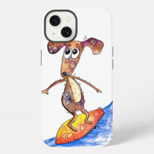 Schattige grillige hond op surfplank iPhone hoesje (Achterkant)