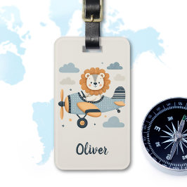 Schattige grillige leeuw op charmant vliegtuig bagagelabel