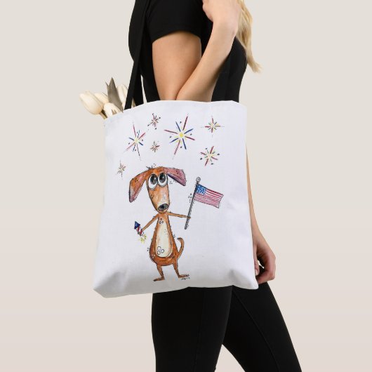 Schattige grillige patriottische hond met vlag tote bag (Dichtbij)