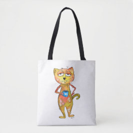 Schattige grillige vermoeide kat drinkt koffie tote bag