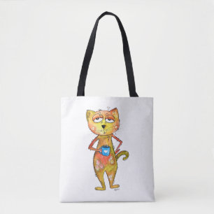 Schattige grillige vermoeide kat drinkt koffie tote bag