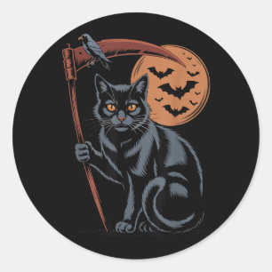 Schattige Grim Reaper Dood Zwart Kat Halloween Moe Ronde Sticker