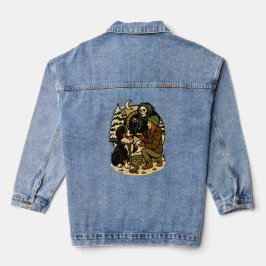 Schattige Grim Reaper Meisje en Hond Griezelig Bos Denim Jacket