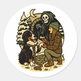 Schattige Grim Reaper Meisje en Hond Griezelig Bos Ronde Sticker