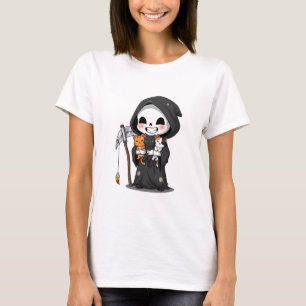 Schattige Grim Reaper met drie katten Cartoon T-shirt