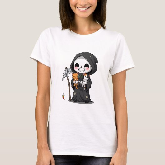 Schattige Grim Reaper met drie katten Cartoon T-shirt (Voorkant)
