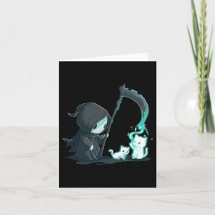 Schattige Grim Reaper Skelet Met Kat Geest Kawaii Kaart