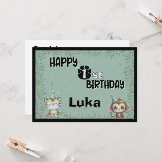 Schattige groen 1e eerste wilde safari Happy Birth (Voorkant / Achterkant in situ)