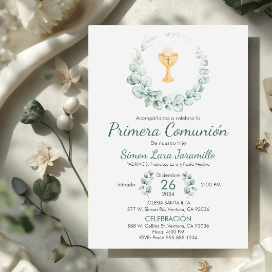 Schattige groen blad in Spaans Eerste Communie Kaart