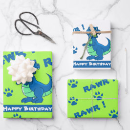 Schattige Groen Blauw Dinosaur Paw Rawr Gift Inpakpapier Vel
