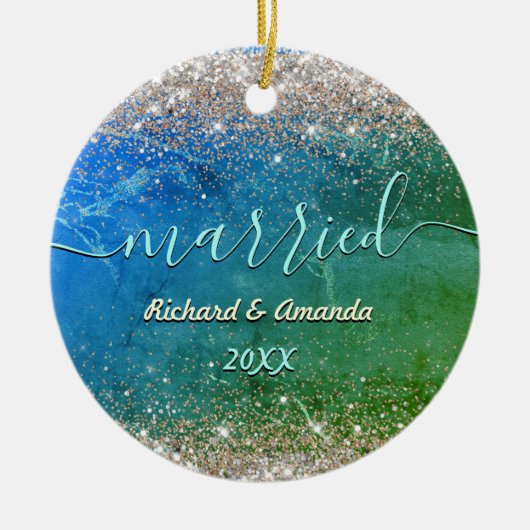 Schattige groen blauw faux gouden glitter Getrouwd Keramisch Ornament (Voorkant)