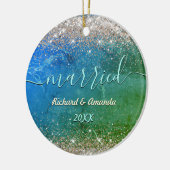 Schattige groen blauw faux gouden glitter Getrouwd Keramisch Ornament (Links)