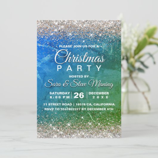 Schattige groen blauw faux gouden glitter kerst kaart (Staand voorkant)