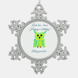 Schattige Groen Blauw Pastel Uil Pun Tekst toevoeg Tin Sneeuwvlok Ornament
