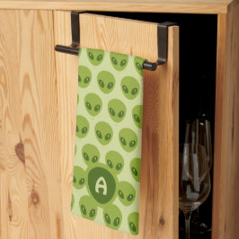 Schattige groen buitenaards patroon monogram theedoek